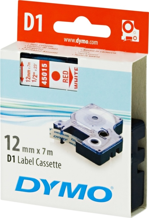 DYMO D1 märktejp standard 12mm, rött på vitt, 7m rulle (45015) in de groep COMPUTERS & RANDAPPARATUUR / Printers & Accessoires / Printers / Label machines & Accessoires / Tape bij TP E-commerce Nordic AB (38-18542)