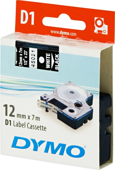 DYMO D1 märktejp standard 12mm, vitt på svart, 7m rulle (45021) in de groep COMPUTERS & RANDAPPARATUUR / Printers & Accessoires / Printers / Label machines & Accessoires / Tape bij TP E-commerce Nordic AB (38-18550)