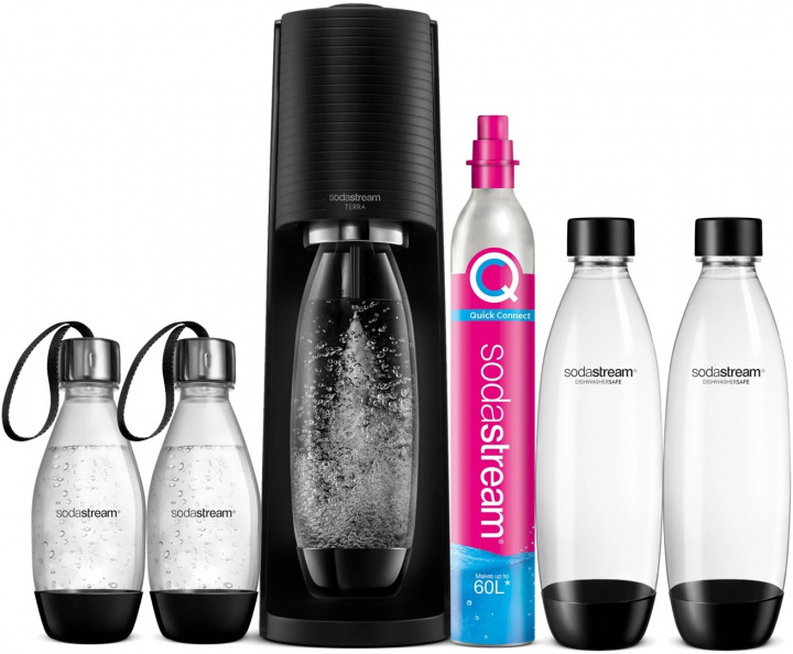 SodaStream TERRA Kolsyremaskin med fem flaskor & patron, Svart in de groep HUISHOUDEN & TUIN / Huishoudelijke apparaten / Water & Sap / Carbonatatiemachines / Carbonatatiemachines bij TP E-commerce Nordic AB (38-94345)