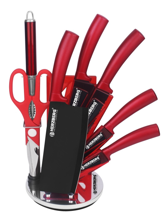 Herzberg 8 Pieces Knife Set with Acrylic Stand - Red in de groep HUISHOUDEN & TUIN / Keukengerei / Keukenmessen & accessoires bij TP E-commerce Nordic AB (A19975)