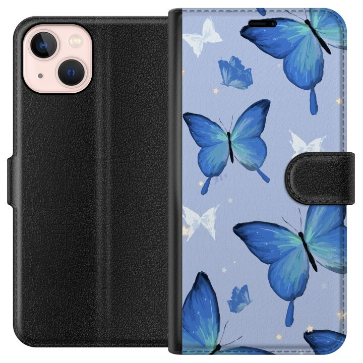 Portemonnee-hoesje voor Apple iPhone 13 mini met Blauwe vlinders ontwerp in de groep SMARTPHONE & TABLETS / Mobielbescherming / Apple / iPhone 13 Mini bij TP E-commerce Nordic AB (A50448)