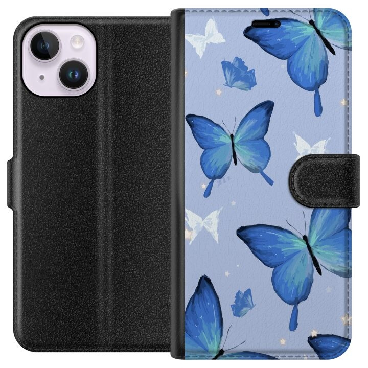 Portemonnee-hoesje voor Apple iPhone 14 met Blauwe vlinders ontwerp in de groep SMARTPHONE & TABLETS / Mobielbescherming / Apple / iPhone 14 bij TP E-commerce Nordic AB (A50610)