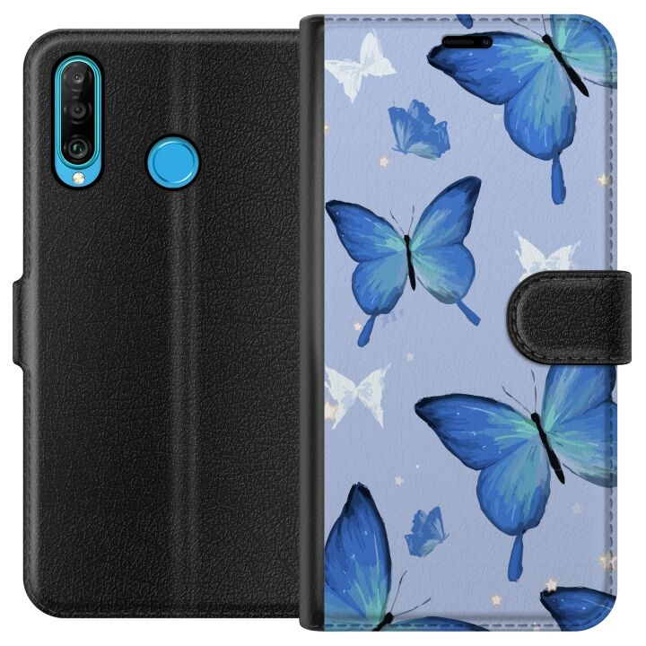 Portemonnee-hoesje voor Huawei P30 lite met Blauwe vlinders ontwerp in de groep SMARTPHONE & TABLETS / Mobielbescherming / Huawei/Honor bij TP E-commerce Nordic AB (A53229)