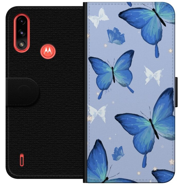 Portemonnee-hoesje voor Motorola Moto E7 Power met Blauwe vlinders ontwerp in de groep SMARTPHONE & TABLETS / Mobielbescherming / Motorola bij TP E-commerce Nordic AB (A54438)