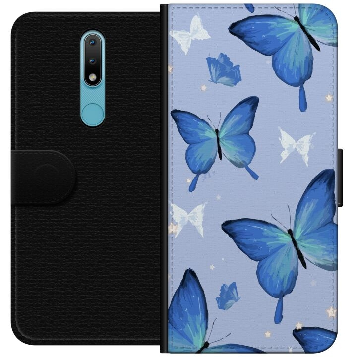 Portemonnee-hoesje voor Nokia 2.4 met Blauwe vlinders ontwerp in de groep SMARTPHONE & TABLETS / Mobielbescherming / Nokia/Microsoft bij TP E-commerce Nordic AB (A55680)