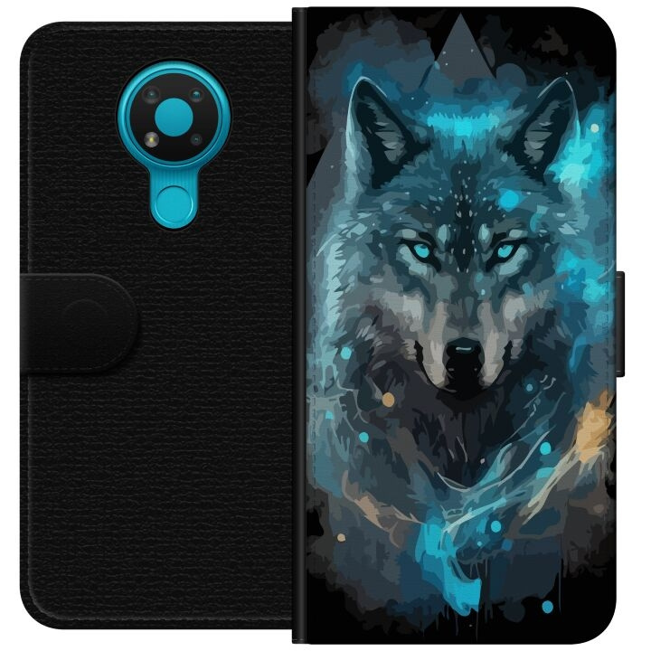 Portemonnee-hoesje voor Nokia 3.4 met Wolf ontwerp in de groep SMARTPHONE & TABLETS / Mobielbescherming / Nokia/Microsoft bij TP E-commerce Nordic AB (A55696)