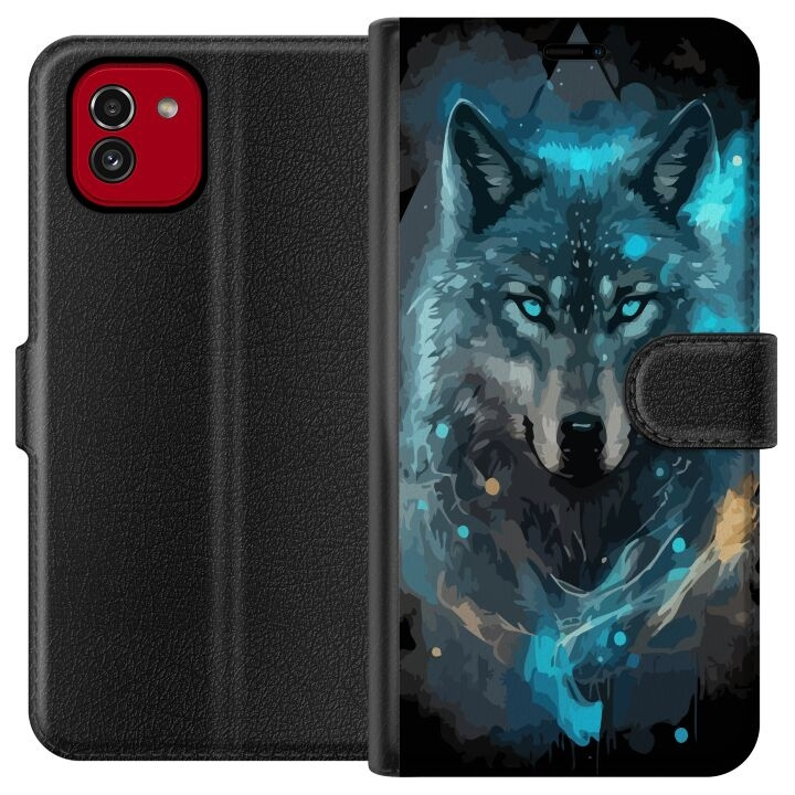 Portemonnee-hoesje voor Samsung Galaxy A03 met Wolf ontwerp in de groep SMARTPHONE & TABLETS / Mobielbescherming / Samsung bij TP E-commerce Nordic AB (A58207)