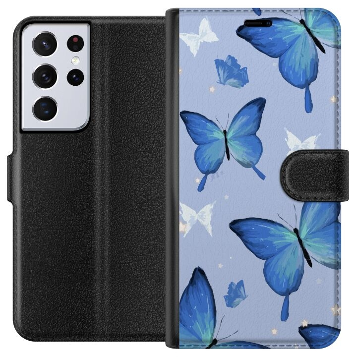 Portemonnee-hoesje voor Samsung Galaxy S21 Ultra 5G met Blauwe vlinders ontwerp in de groep SMARTPHONE & TABLETS / Mobielbescherming / Samsung bij TP E-commerce Nordic AB (A62430)