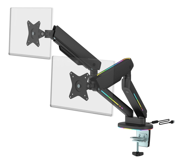 DELTACO GAMING Premium RGB Dual monitor arm, remote controller, black in de groep COMPUTERS & RANDAPPARATUUR / Computermonitor / Monitorarmen & steunen bij TP E-commerce Nordic AB (C16423)