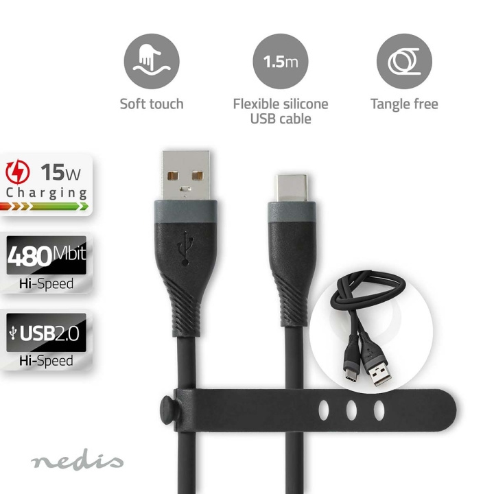 Nedis USB-Kabel | USB 2.0 | USB-A Male | USB-C™ Male | 15 W | 480 Mbps | Vernikkeld | 1.50 m | Rond | Silicone | Zwart | Doos in de groep COMPUTERS & RANDAPPARATUUR / Computerkabels / USB / USB-C bij TP E-commerce Nordic AB (C66094)