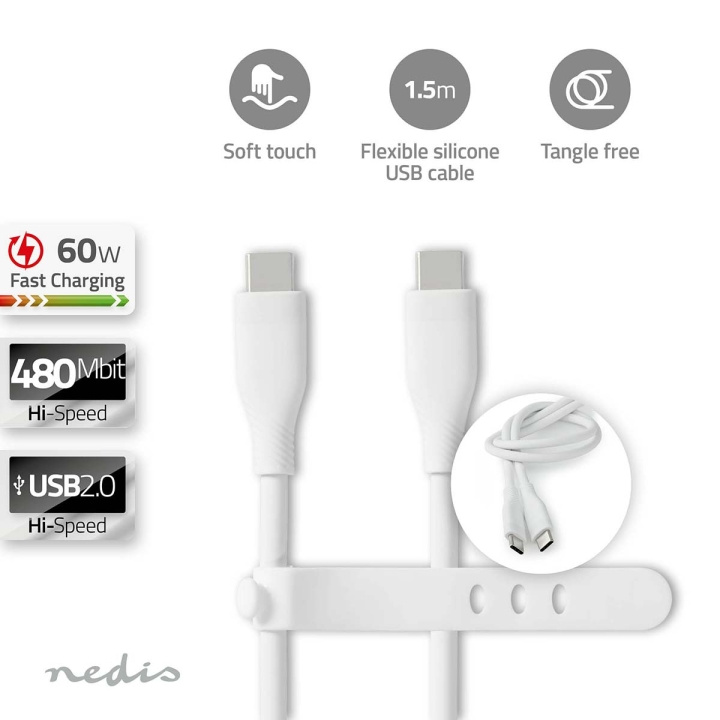 Nedis USB-Kabel | USB 2.0 | USB-C™ Male | USB-C™ Male | 60 W | 480 Mbps | Vernikkeld | 1.50 m | Rond | Silicone | Wit | Doos in de groep COMPUTERS & RANDAPPARATUUR / Computerkabels / USB / USB-C bij TP E-commerce Nordic AB (C66097)