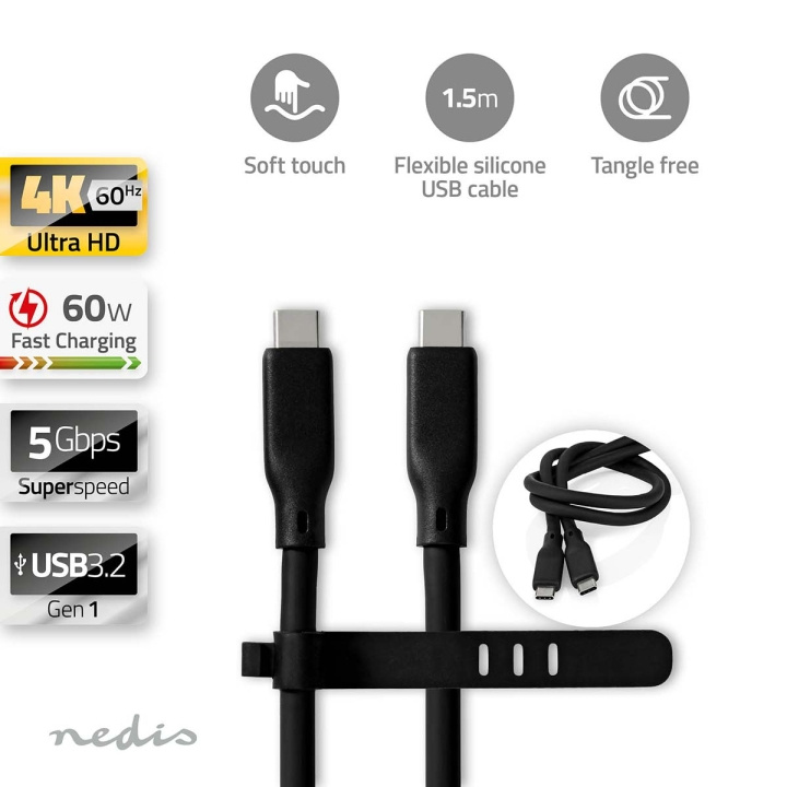 Nedis USB-Kabel | USB 3.2 Gen 1 | USB-C™ Male | USB-C™ Male | 60 W | 8K@30Hz | 5 Gbps | Vernikkeld | 1.50 m | Rond | Silicone | Zwart | Doos in de groep COMPUTERS & RANDAPPARATUUR / Computerkabels / USB / USB-C bij TP E-commerce Nordic AB (C66108)