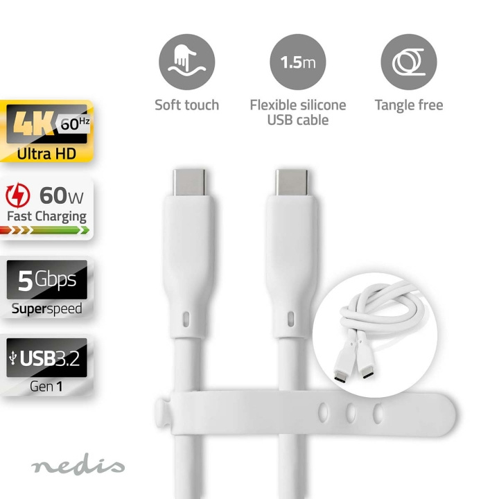 Nedis USB-Kabel | USB 3.2 Gen 1 | USB-C™ Male | USB-C™ Male | 60 W | 4K@60Hz | 5 Gbps | Vernikkeld | 1.50 m | Rond | Silicone | Wit | Doos in de groep COMPUTERS & RANDAPPARATUUR / Computerkabels / USB / USB-C bij TP E-commerce Nordic AB (C66109)