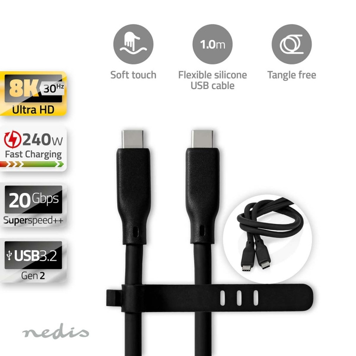 Nedis USB-Kabel | USB 3.2 Gen 2 | USB-C™ Male | USB-C™ Male | 240 W | 8K@30Hz | 20 Gbps | Vernikkeld | 1.00 m | Rond | Silicone | Zwart | Doos in de groep COMPUTERS & RANDAPPARATUUR / Computerkabels / USB / USB-C bij TP E-commerce Nordic AB (C66110)