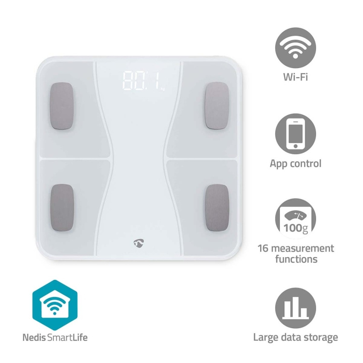 Nedis SmartLife Personenweegschaal | Bluetooth® | BMI / BMR / Botten / Gewicht / Spieren / Vet / Water | 12 | Piekbelasting: 180 kg | Android™ / IOS | ABS / Glas | Wit in de groep BEAUTY & HEALTH / Gezondheidszorg / Badkamerweegschaal bij TP E-commerce Nordic AB (C66708)