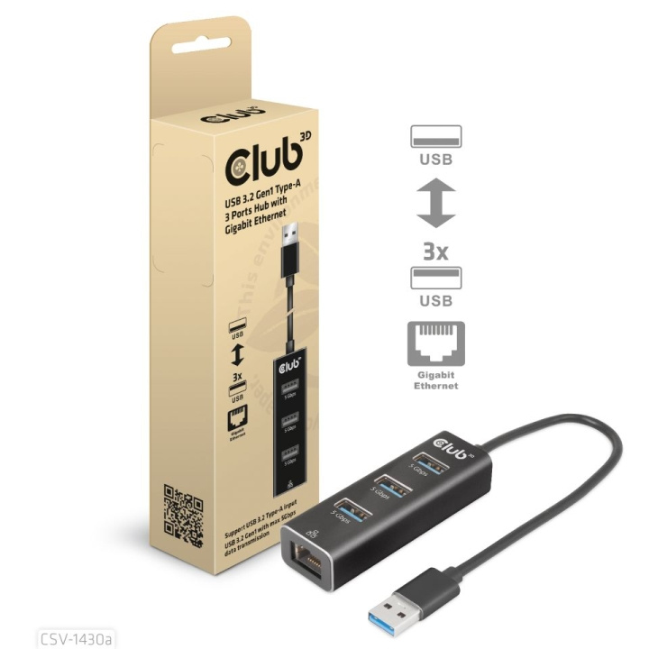 Club 3D USB 3.2 Gen1 A 3-P Hub Gigabit Ethernet in de groep COMPUTERS & RANDAPPARATUUR / Laptops & accessoires / Docking station bij TP E-commerce Nordic AB (C67860)