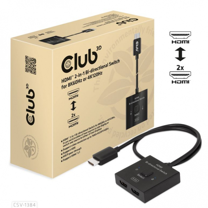 Club 3D HDMI 2-in-1 Bi-directional Switch for 8K60Hz or 4K120Hz in de groep COMPUTERS & RANDAPPARATUUR / Computerkabels / Schakelaars bij TP E-commerce Nordic AB (C67870)