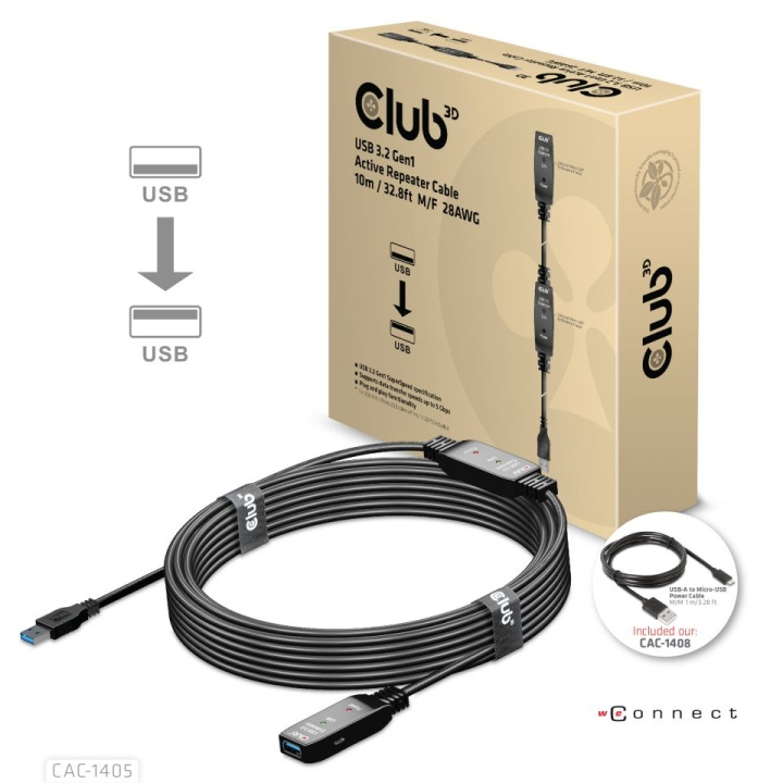 Club 3D USB 3.2 Gen1 aktiv repeaterkabel 10 m M/F 28AWG in de groep HUISHOUDEN & TUIN / Elektriciteit & Verlichting / Verlengkabels bij TP E-commerce Nordic AB (C67904)