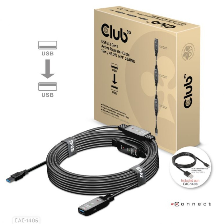 Club 3D USB 3.2 Gen1 Active Repeater Cable 15m M/F 28AWG in de groep HUISHOUDEN & TUIN / Elektriciteit & Verlichting / Verlengkabels bij TP E-commerce Nordic AB (C67907)