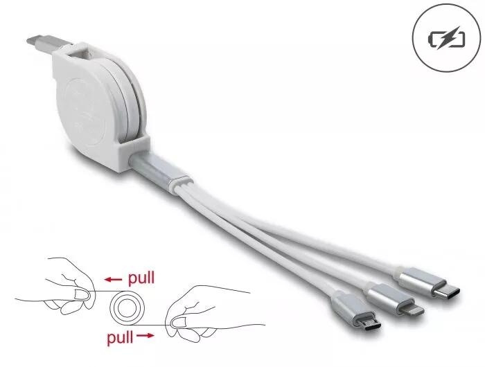 DeLOCK USB Type-C™ 3 in 1 Retractable Charging Cable in de groep COMPUTERS & RANDAPPARATUUR / Computerkabels / USB / USB-C bij TP E-commerce Nordic AB (C70552)