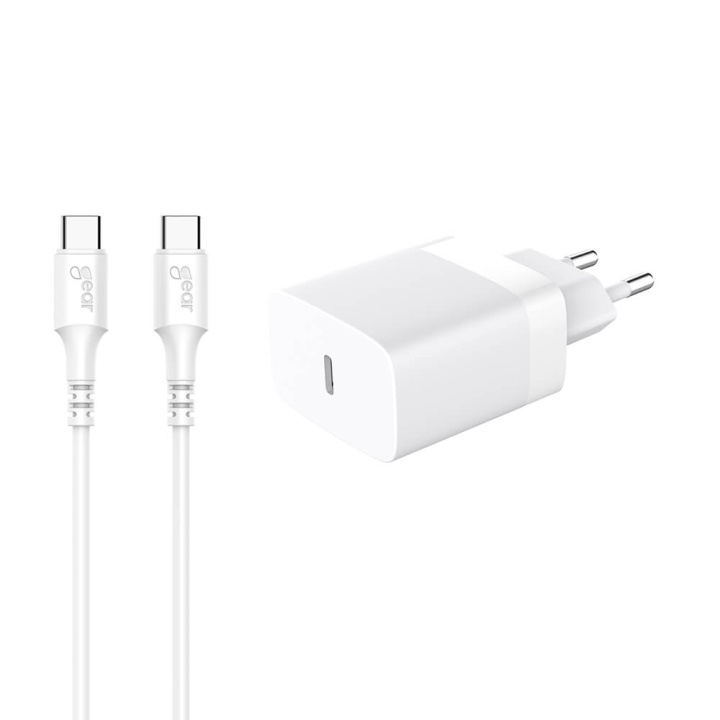 GEAR Laddare 220V 1xUSB-C Vit PD/PPS 30W + Kabel USB-C till USB-C in de groep SMARTPHONE & TABLETS / Opladers & Kabels / Wandoplader / Wandoplader Type C bij TP E-commerce Nordic AB (C71370)