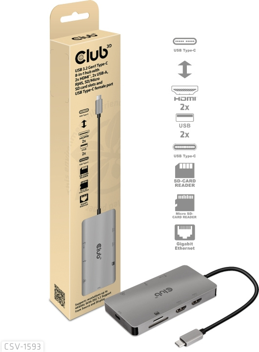 Club 3D Type-C 8-in-1 hub in de groep COMPUTERS & RANDAPPARATUUR / Laptops & accessoires / Docking station bij TP E-commerce Nordic AB (C71774)