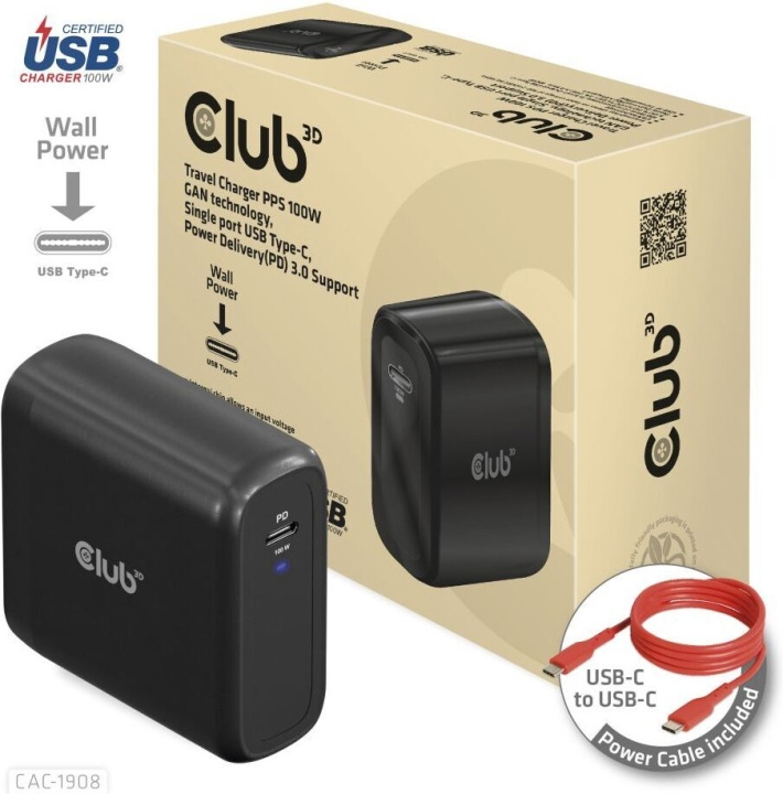 Club 3D CAC-1908EU Reislader 100 W GaN USB-C voeding in de groep SMARTPHONE & TABLETS / Opladers & Kabels / Wandoplader / Wandoplader Type C bij TP E-commerce Nordic AB (C71794)