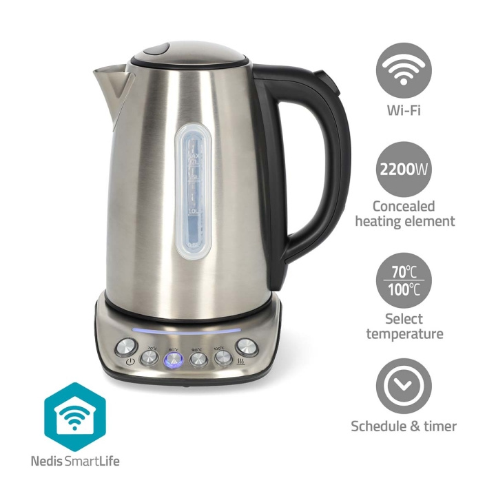 Nedis SmartLife Waterkoker | Wi-Fi | 1.7 l | Roestvrij Staal | 70,80,90,100 °C | Temperatuurindicator | 360 graden draaibaar | Verborgen verwarmingselement | Strix®-controller | Android™ / IOS in de groep HUISHOUDEN & TUIN / Huishoudelijke apparaten / Water & Sap / Waterkokers bij TP E-commerce Nordic AB (C76739)