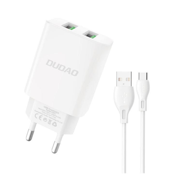 Dudao A2EUT Adapter 12Watt 2xUSB-A (1m USB-A to USB-C cable included) in de groep SMARTPHONE & TABLETS / Opladers & Kabels / Wandoplader / Wandoplader Type C bij TP E-commerce Nordic AB (C77119)