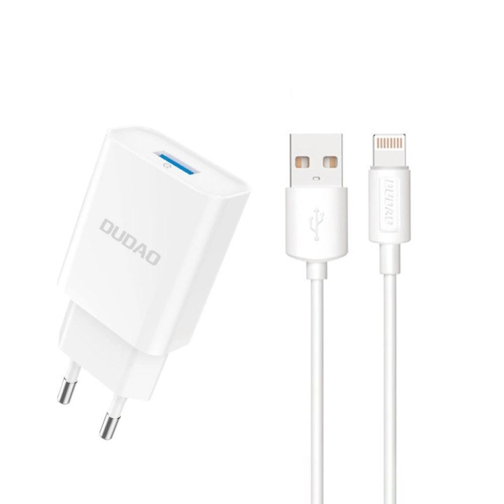 Dudao A4EU USB-A 2.1A power charger - white + USB-A - Lightning cable in de groep SMARTPHONE & TABLETS / Opladers & Kabels / Wandoplader / Wandoplader Lightning bij TP E-commerce Nordic AB (C77161)