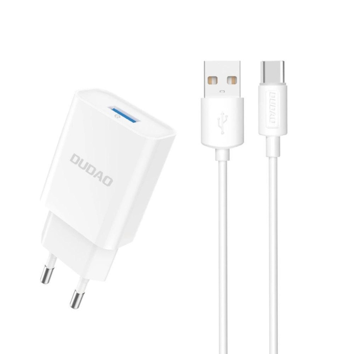 Dudao A4EU USB-A 2.1A power charger - white + USB-A - USB-C cable in de groep SMARTPHONE & TABLETS / Opladers & Kabels / Wandoplader / Wandoplader Type C bij TP E-commerce Nordic AB (C77162)