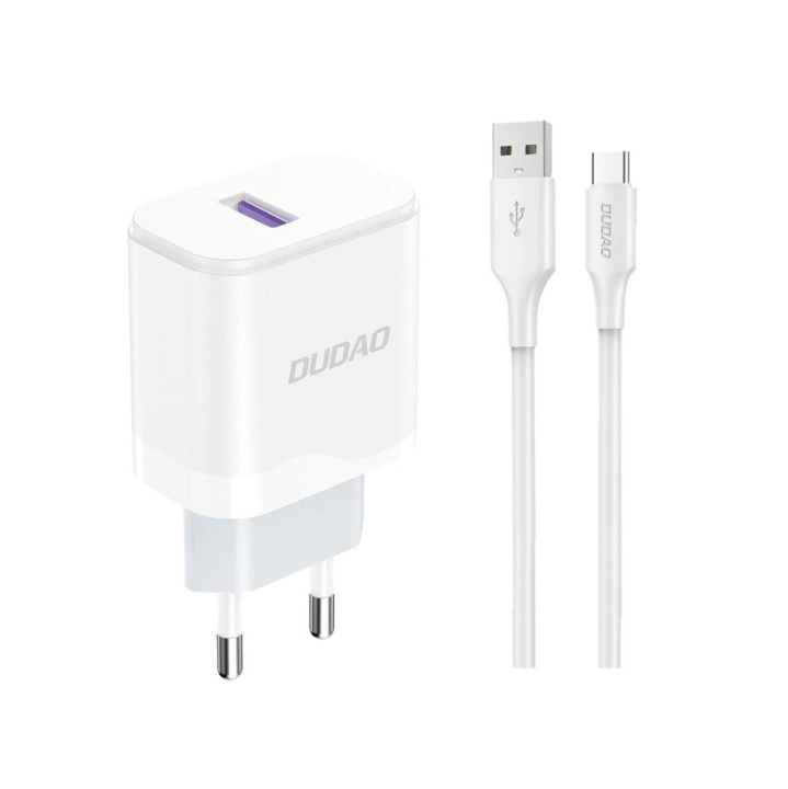 Dudao A20EU USB-A 18W mains charger - white + USB-A - USB-C cable in de groep SMARTPHONE & TABLETS / Opladers & Kabels / Wandoplader / Wandoplader Type C bij TP E-commerce Nordic AB (C77164)