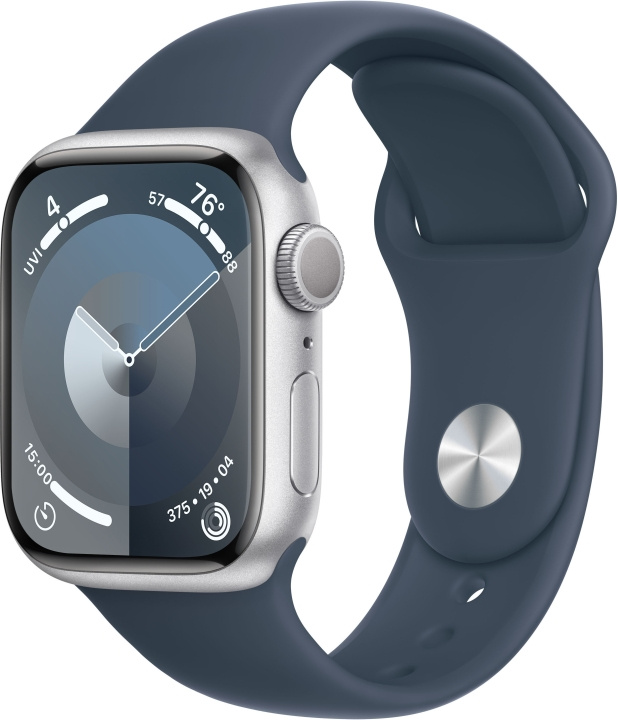 Apple Watch Series 9 (GPS) 41 mm zilverkleurige aluminium kast en stormblauw sportbandje, S/M (MR903) in de groep SMARTPHONE & TABLETS / Training, thuis & vrije tijd / Apple Watch & Accessoires / Apple Watch bij TP E-commerce Nordic AB (C77581)