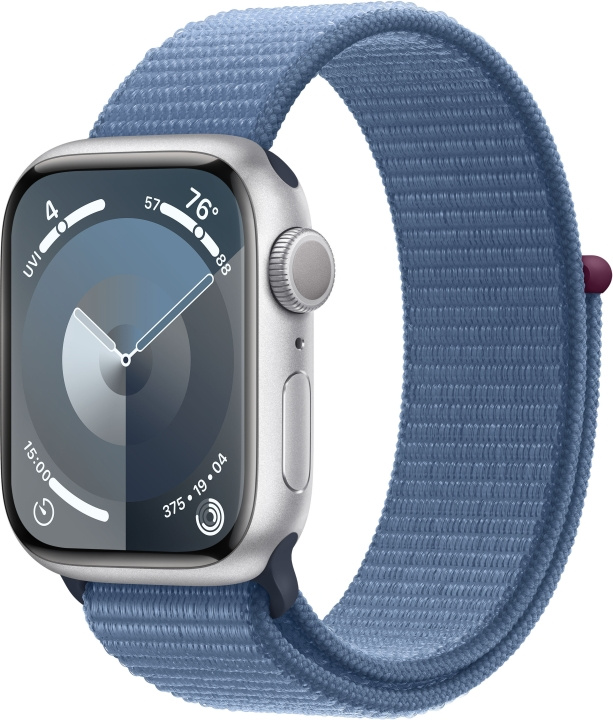 Apple Watch Series 9 (GPS) 41 mm zilverkleurige aluminium kast en winterblauwe Sport Loop band (MR923) in de groep SMARTPHONE & TABLETS / Training, thuis & vrije tijd / Apple Watch & Accessoires / Apple Watch bij TP E-commerce Nordic AB (C77583)