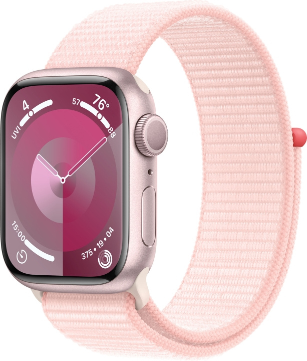 Apple Watch Series 9 (GPS) 41 mm roze aluminium horlogekast en roze Sport Loop band (MR953) in de groep SMARTPHONE & TABLETS / Training, thuis & vrije tijd / Apple Watch & Accessoires / Apple Watch bij TP E-commerce Nordic AB (C77586)