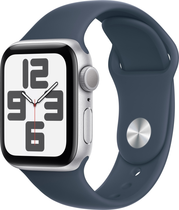 Apple Horloge SE (GPS) 40 mm zilverkleurige aluminium kast en stormblauwe sportband, S/M (MRE13) in de groep SMARTPHONE & TABLETS / Training, thuis & vrije tijd / Apple Watch & Accessoires / Apple Watch bij TP E-commerce Nordic AB (C77611)