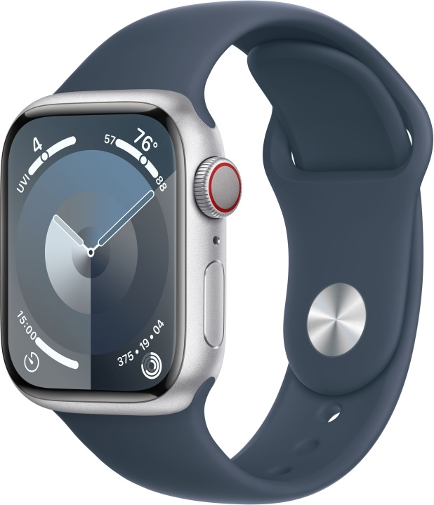 Apple Watch Series 9 (GPS + Cellular) 41 mm zilverkleurige aluminium kast en stormblauw sportbandje, S/M (MRHV3) in de groep SMARTPHONE & TABLETS / Training, thuis & vrije tijd / Apple Watch & Accessoires / Apple Watch bij TP E-commerce Nordic AB (C77615)