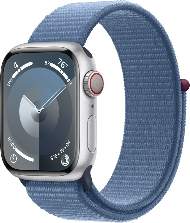 Apple Watch Series 9 (GPS + Cellular) 41 mm zilverkleurige aluminium kast en winterblauwe Sport Loop band (MRHX3) in de groep SMARTPHONE & TABLETS / Training, thuis & vrije tijd / Apple Watch & Accessoires / Apple Watch bij TP E-commerce Nordic AB (C77619)