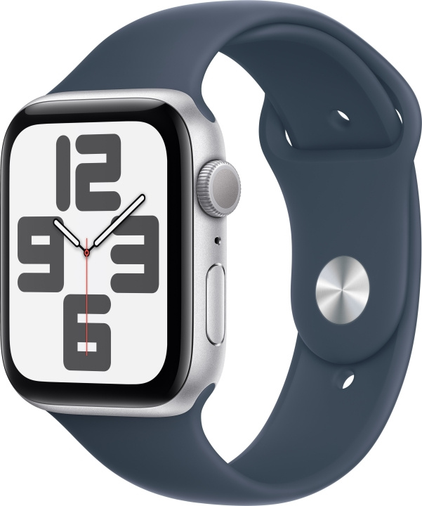 Apple Horloge SE (GPS) 44 mm zilverkleurige aluminium kast en stormblauwe sportband, S/M (MREC3) in de groep SMARTPHONE & TABLETS / Training, thuis & vrije tijd / Apple Watch & Accessoires / Apple Watch bij TP E-commerce Nordic AB (C77626)