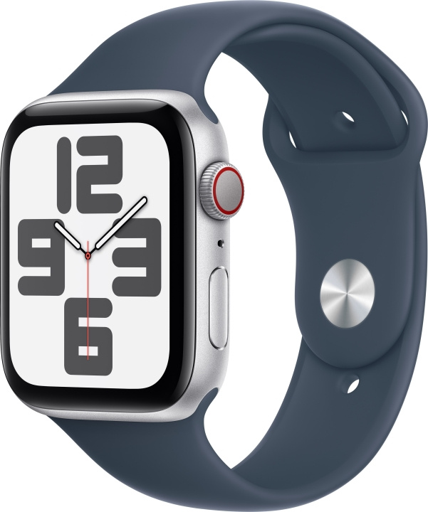 Apple Horloge SE (GPS + Cellular) 44 mm zilverkleurige aluminium kast en stormblauwe sportarmband, S/M (MRHF3) in de groep SMARTPHONE & TABLETS / Training, thuis & vrije tijd / Apple Watch & Accessoires / Apple Watch bij TP E-commerce Nordic AB (C77647)