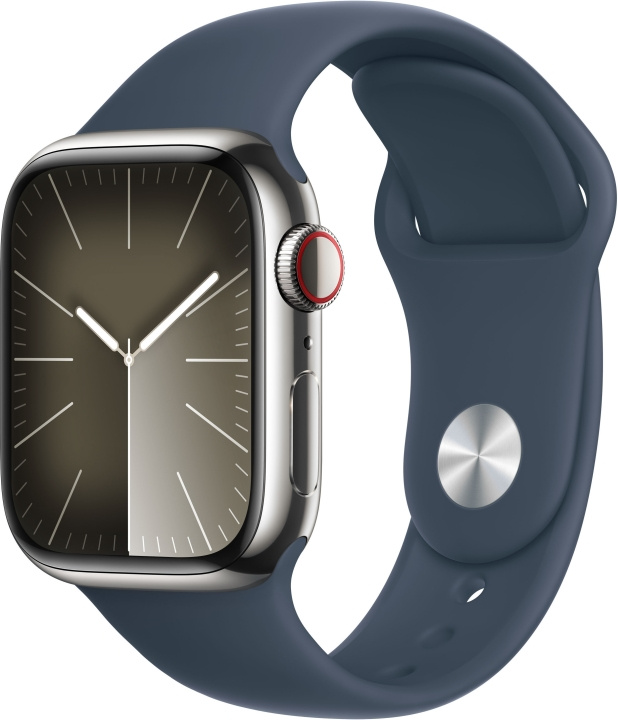 Apple Watch Series 9 (GPS + Cellular) 41 mm zilverkleurige roestvrijstalen kast en stormblauwe sportarmband, M/L (MRJ33) in de groep SMARTPHONE & TABLETS / Training, thuis & vrije tijd / Apple Watch & Accessoires / Apple Watch bij TP E-commerce Nordic AB (C77653)