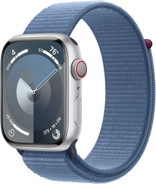 Apple Watch Series 9 (GPS + Cellular) 45 mm zilverkleurige aluminium kast en winterblauwe Sport Loop band (MRMJ3) in de groep SMARTPHONE & TABLETS / Training, thuis & vrije tijd / Apple Watch & Accessoires / Apple Watch bij TP E-commerce Nordic AB (C77660)