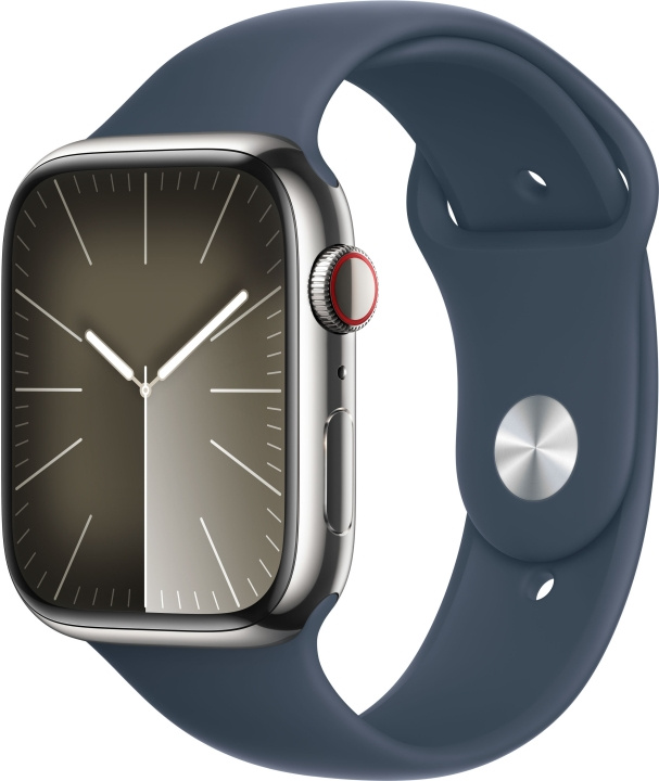 Apple Watch Series 9 (GPS + Cellular) 45 mm zilverkleurige roestvrijstalen kast en stormblauwe sportarmband, M/L (MRMP3) in de groep SMARTPHONE & TABLETS / Training, thuis & vrije tijd / Apple Watch & Accessoires / Apple Watch bij TP E-commerce Nordic AB (C77669)