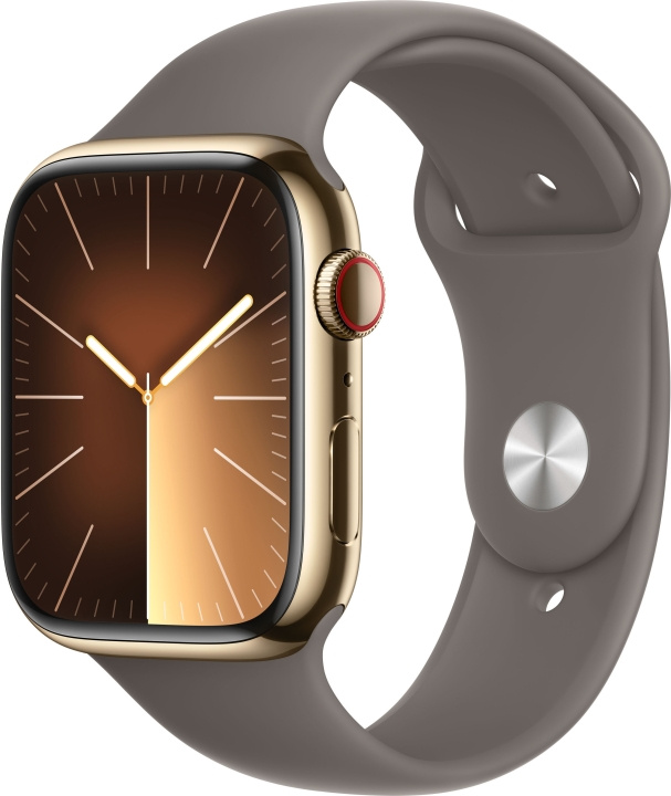 Apple Watch Series 9 (GPS + Cellular) 45 mm goudkleurige roestvrijstalen kast en kleikleurige sportarmband, M/L (MRMT3) in de groep SMARTPHONE & TABLETS / Training, thuis & vrije tijd / Apple Watch & Accessoires / Apple Watch bij TP E-commerce Nordic AB (C77675)