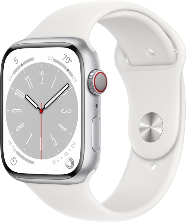 Apple Watch Series 8 (GPS + Cellular) 45 mm zilverkleurige aluminium kast en witte sportband (MP4J3) in de groep SMARTPHONE & TABLETS / Training, thuis & vrije tijd / Apple Watch & Accessoires / Apple Watch bij TP E-commerce Nordic AB (C77890)