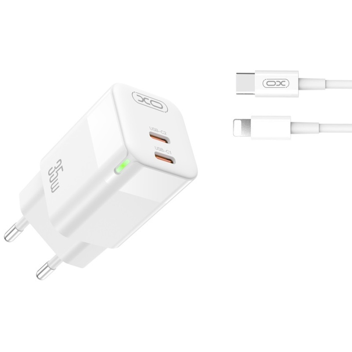 XO väggladdare CE07 PD 35W 2x USB-C vit + USB-C - Lightning-kabel in de groep SMARTPHONE & TABLETS / Opladers & Kabels / Wandoplader / Wandoplader Lightning bij TP E-commerce Nordic AB (C79243)