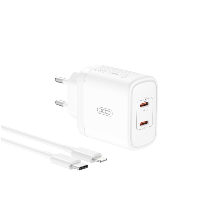 XO väggladdare CE08 PD 50W 2x USB-C vit + USB-C - Lightning-kabel in de groep SMARTPHONE & TABLETS / Opladers & Kabels / Wandoplader / Wandoplader Type C bij TP E-commerce Nordic AB (C79266)