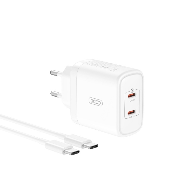 XO väggladdare CE08 PD 50W 2x USB-C vit + USB-C - USB-C kabel in de groep SMARTPHONE & TABLETS / Opladers & Kabels / Wandoplader / Wandoplader Type C bij TP E-commerce Nordic AB (C79267)