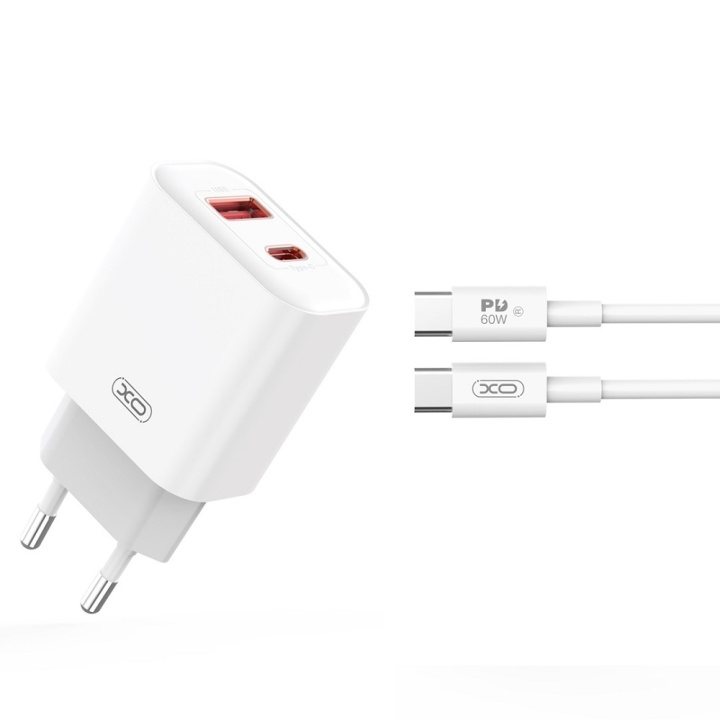 XO väggladdare CE12 PD QC3.0 20W 1x USB 1x USB-C vit + USB-C - USB-C kabel in de groep SMARTPHONE & TABLETS / Opladers & Kabels / Wandoplader / Wandoplader Type C bij TP E-commerce Nordic AB (C79272)