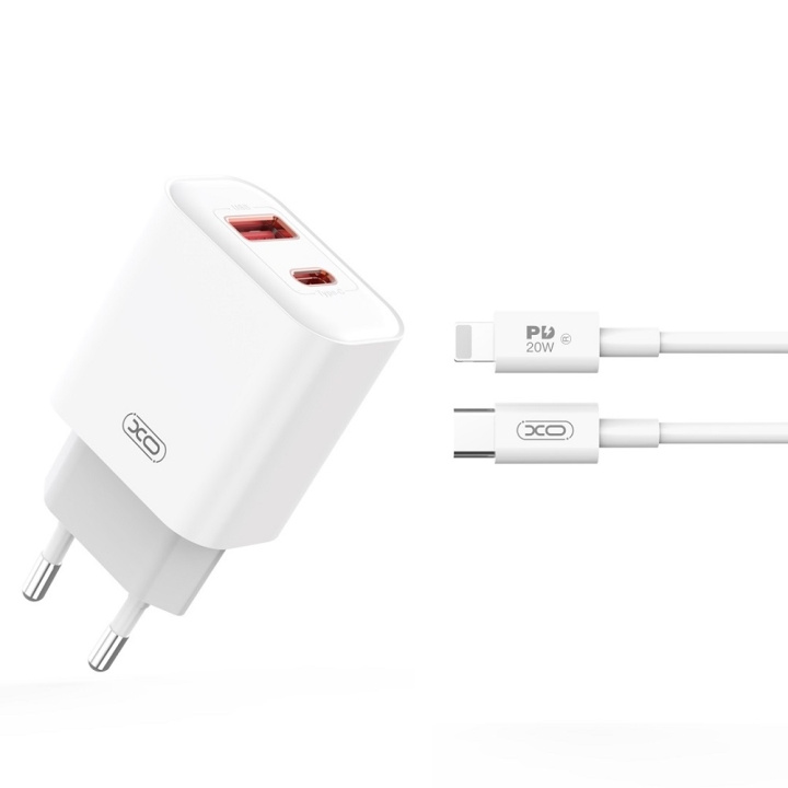 XO väggladdare CE12 PD QC3.0 20W 1x USB 1x USB-C vit + USB-C - Lightning-kabel in de groep SMARTPHONE & TABLETS / Opladers & Kabels / Wandoplader / Wandoplader Lightning bij TP E-commerce Nordic AB (C79273)